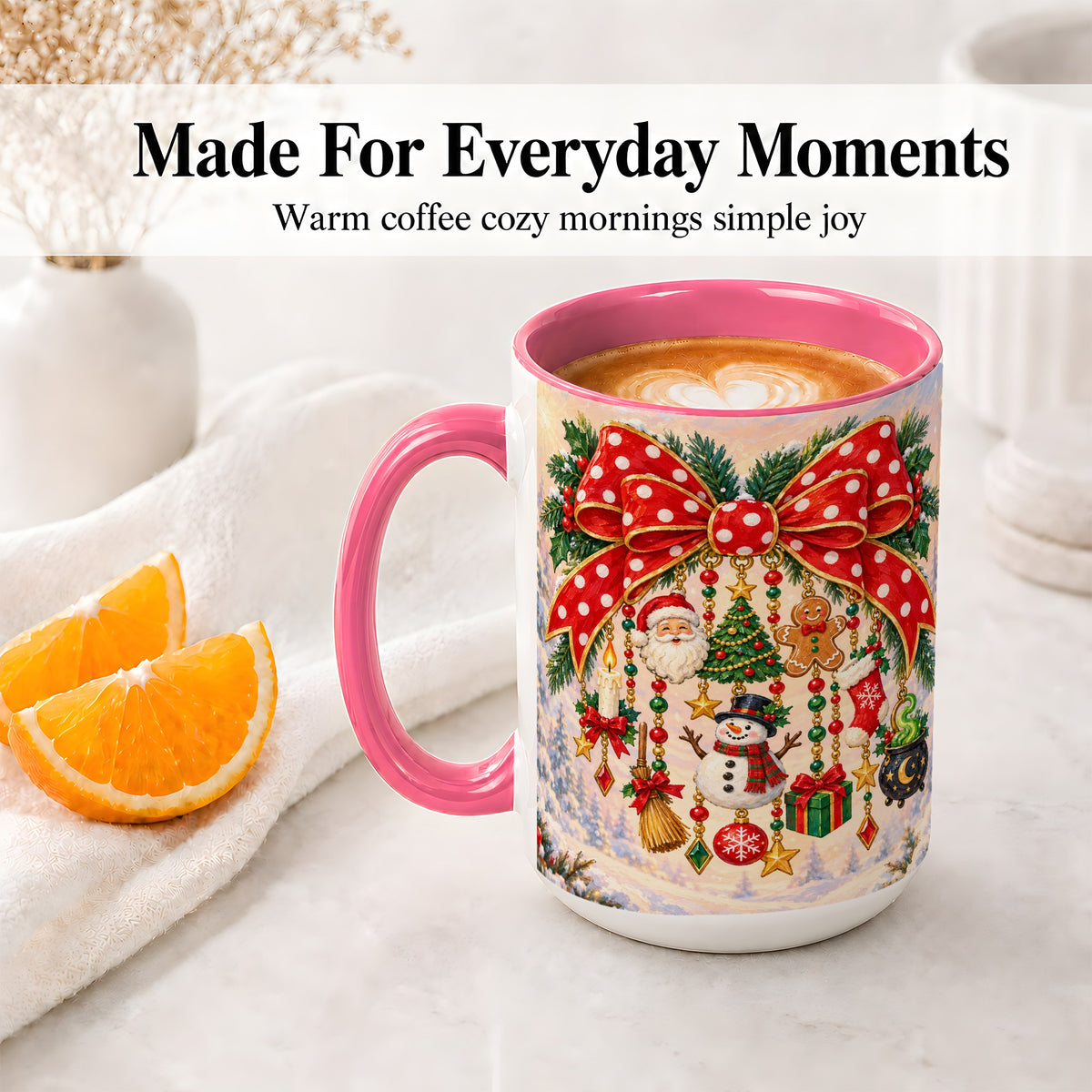 #pl[15oz|Pink] Christmas Bow Accent Mug, Ceramic Cup with Holiday Ornament Art
