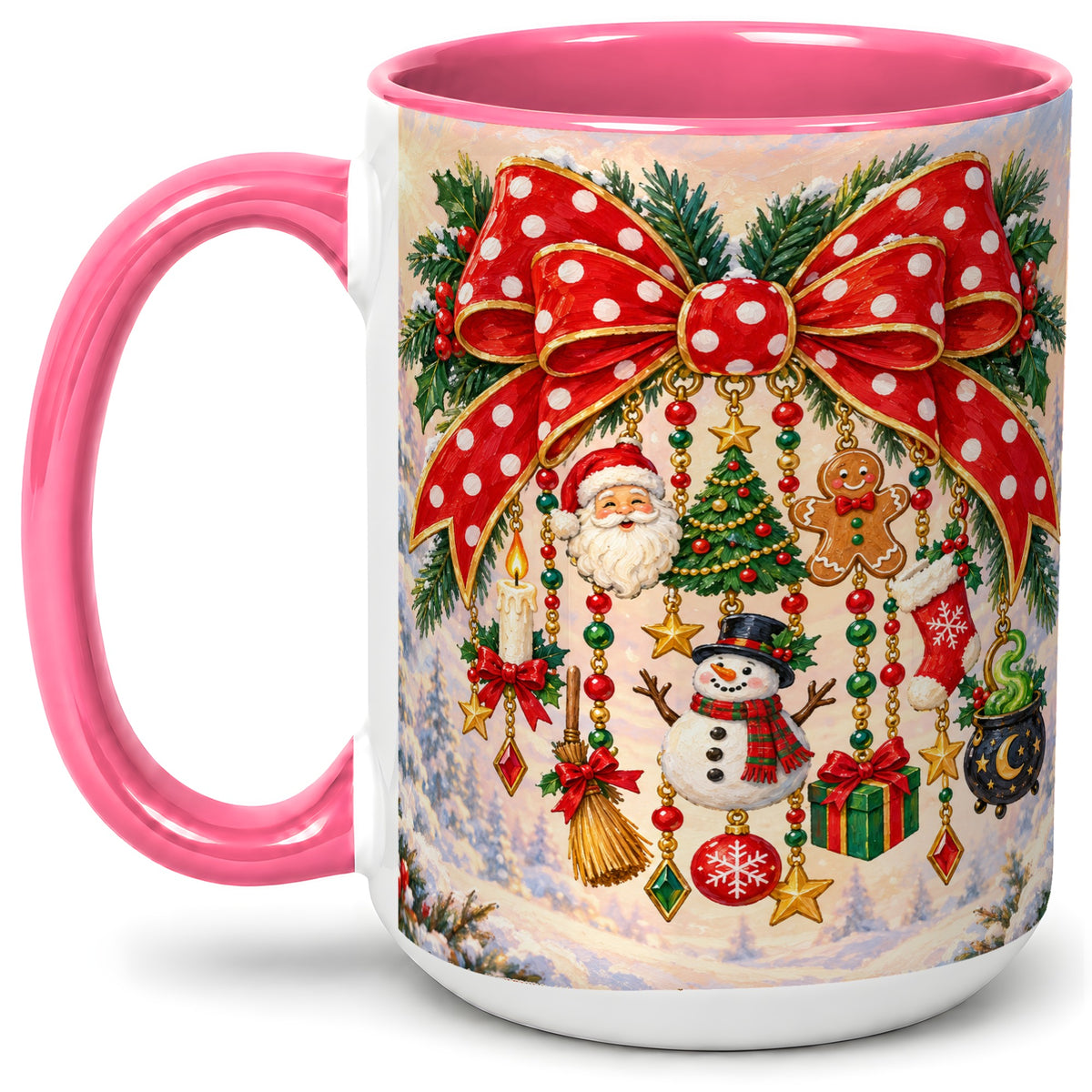 #pl[15oz|Pink] Christmas Bow Accent Mug, Ceramic Cup with Holiday Ornament Art