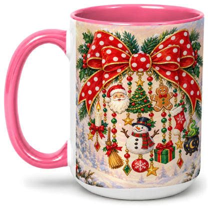 #pl[15oz|Pink] Christmas Bow Accent Mug, Ceramic Cup with Holiday Ornament Art