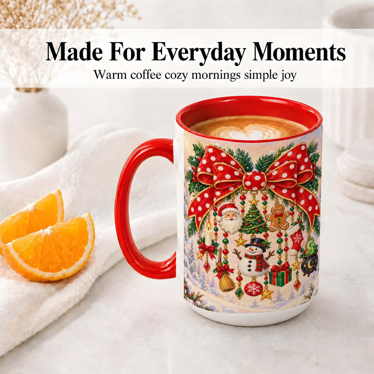 #pl[15oz|Red] Christmas Bow Accent Mug, Ceramic Cup with Holiday Ornament Art