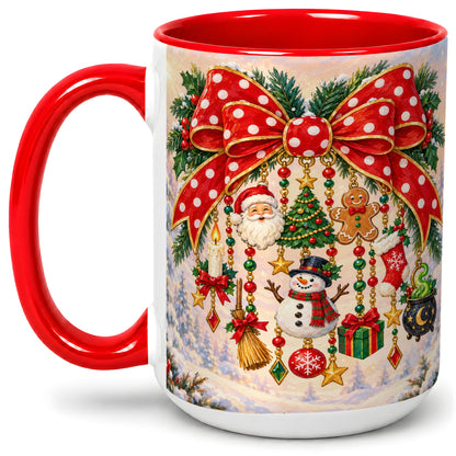 #pl[15oz|Red] Christmas Bow Accent Mug, Ceramic Cup with Holiday Ornament Art