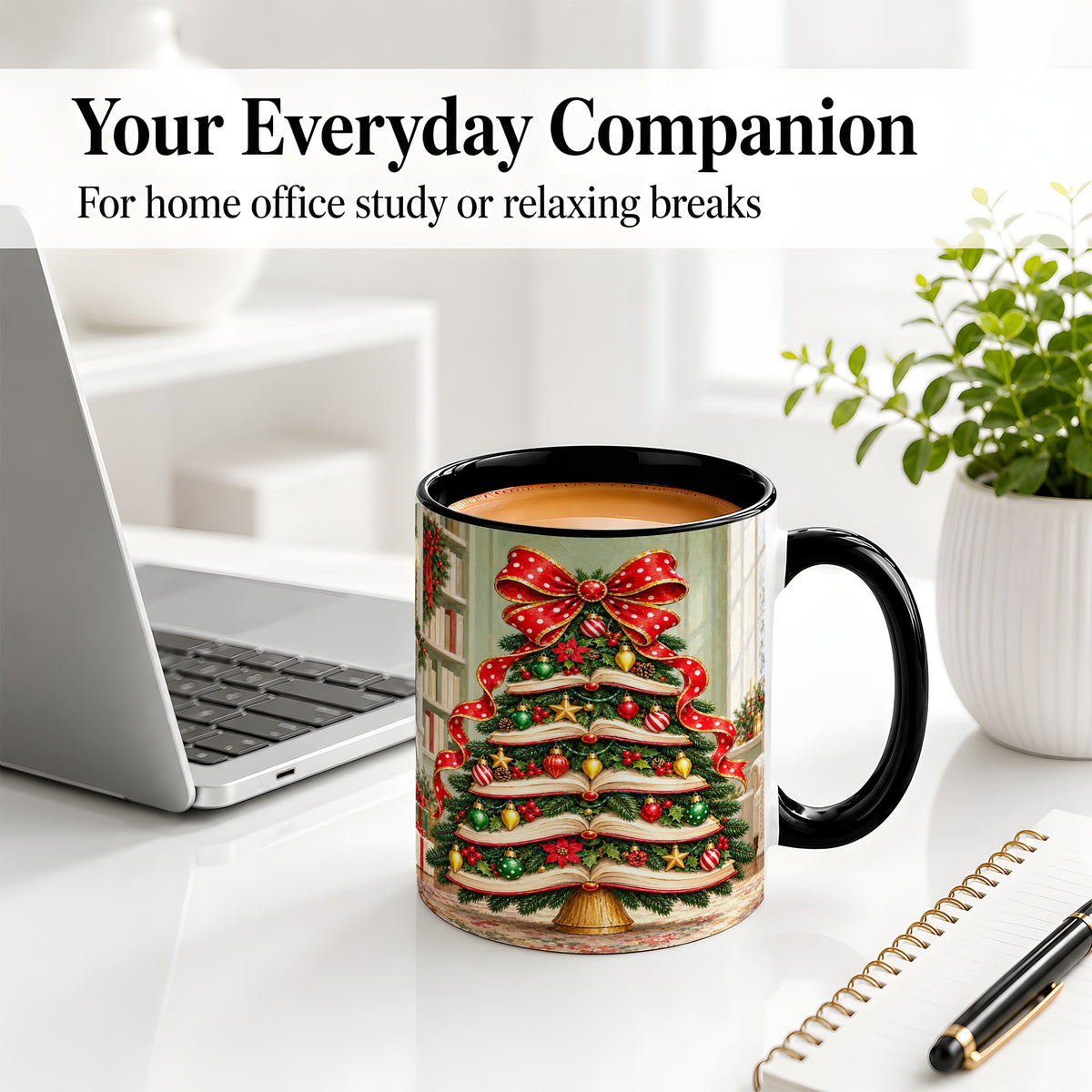 #pl[11oz|Black] Christmas Book Tree Accent Mug, Ceramic Cup for Book Lovers