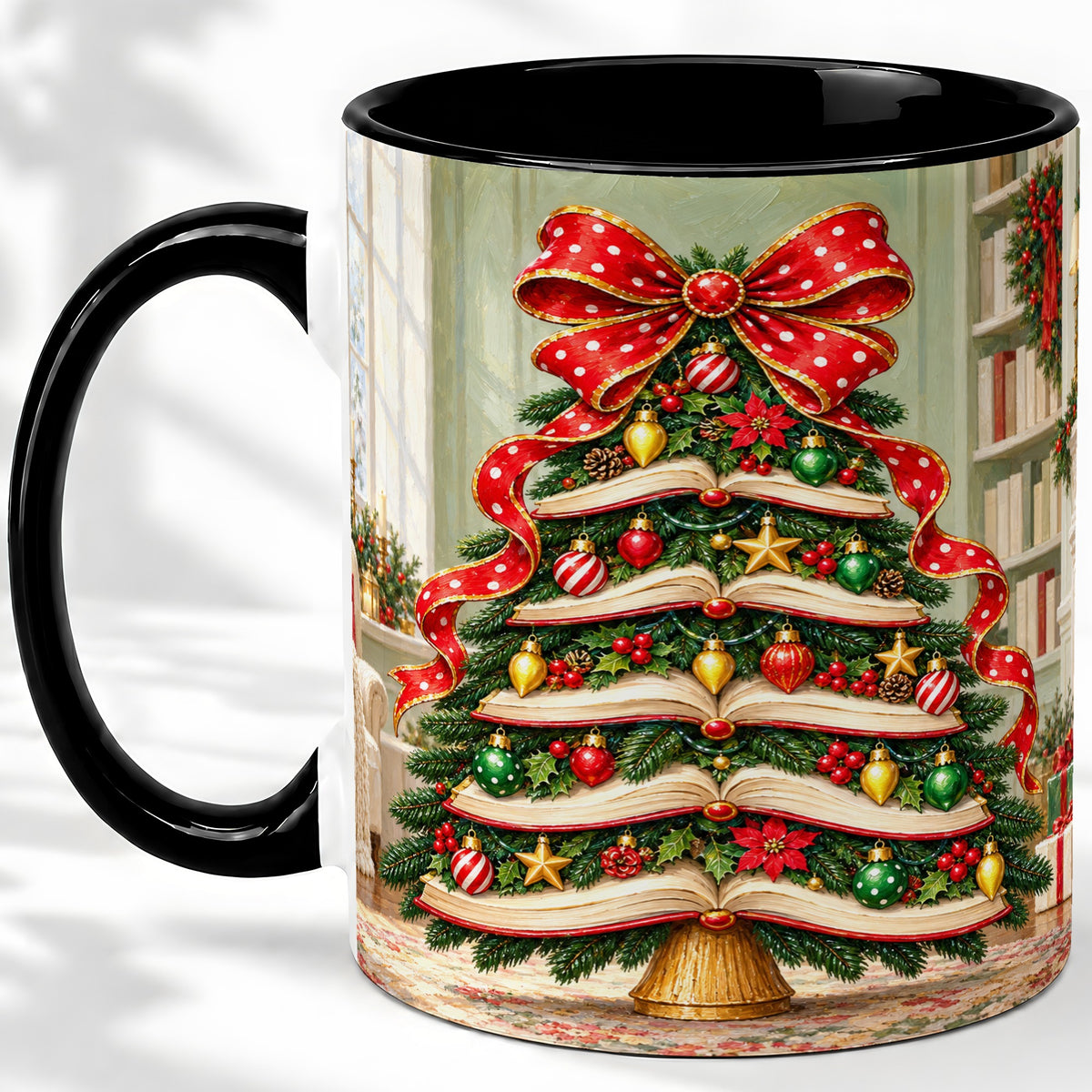 #pl[11oz|Black] Christmas Book Tree Accent Mug, Ceramic Cup for Book Lovers