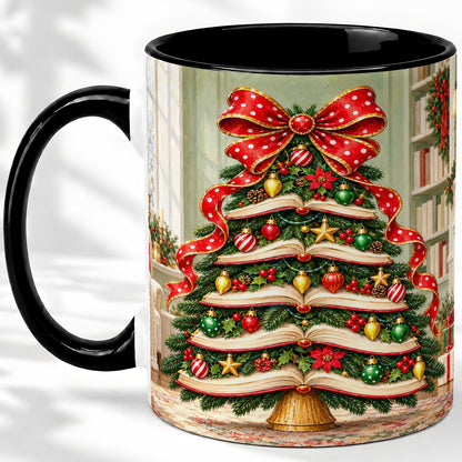 #pl[11oz|Black] Christmas Book Tree Accent Mug, Ceramic Cup for Book Lovers