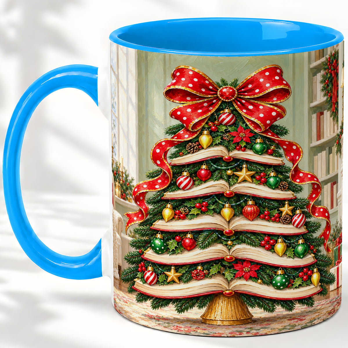 #pl[11oz|Blue] Christmas Book Tree Accent Mug, Ceramic Cup for Book Lovers
