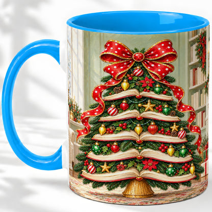 #pl[11oz|Blue] Christmas Book Tree Accent Mug, Ceramic Cup for Book Lovers