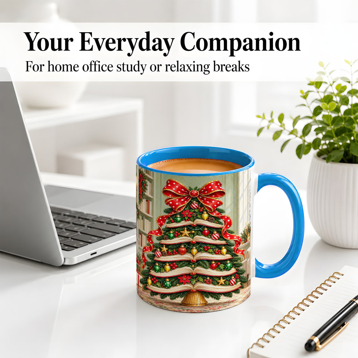 #pl[11oz|Blue] Christmas Book Tree Accent Mug, Ceramic Cup for Book Lovers