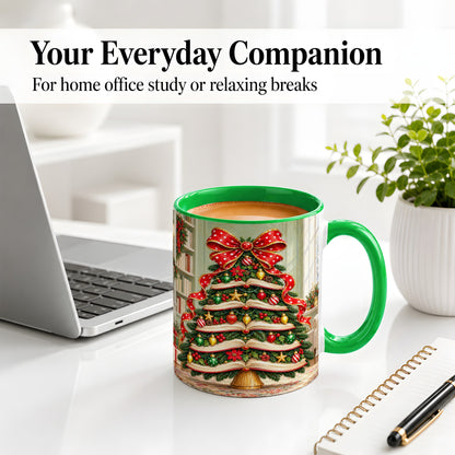 #pl[11oz|Green] Christmas Book Tree Accent Mug, Ceramic Cup for Book Lovers