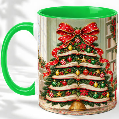 #pl[11oz|Green] Christmas Book Tree Accent Mug, Ceramic Cup for Book Lovers