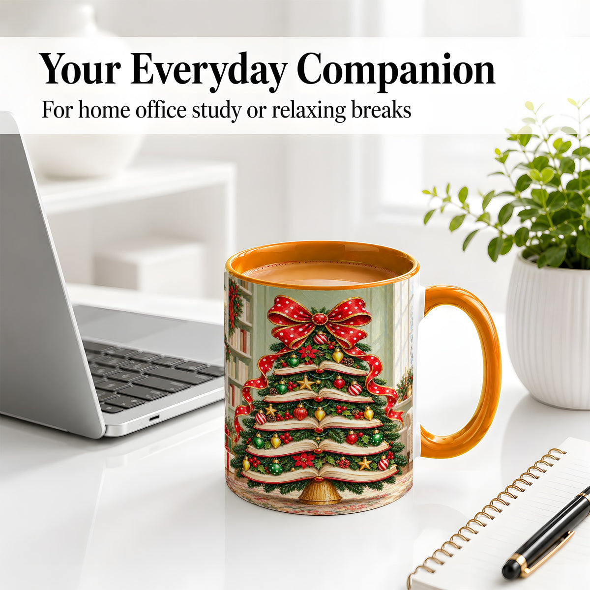 #pl[11oz|Orange] Christmas Book Tree Accent Mug, Ceramic Cup for Book Lovers