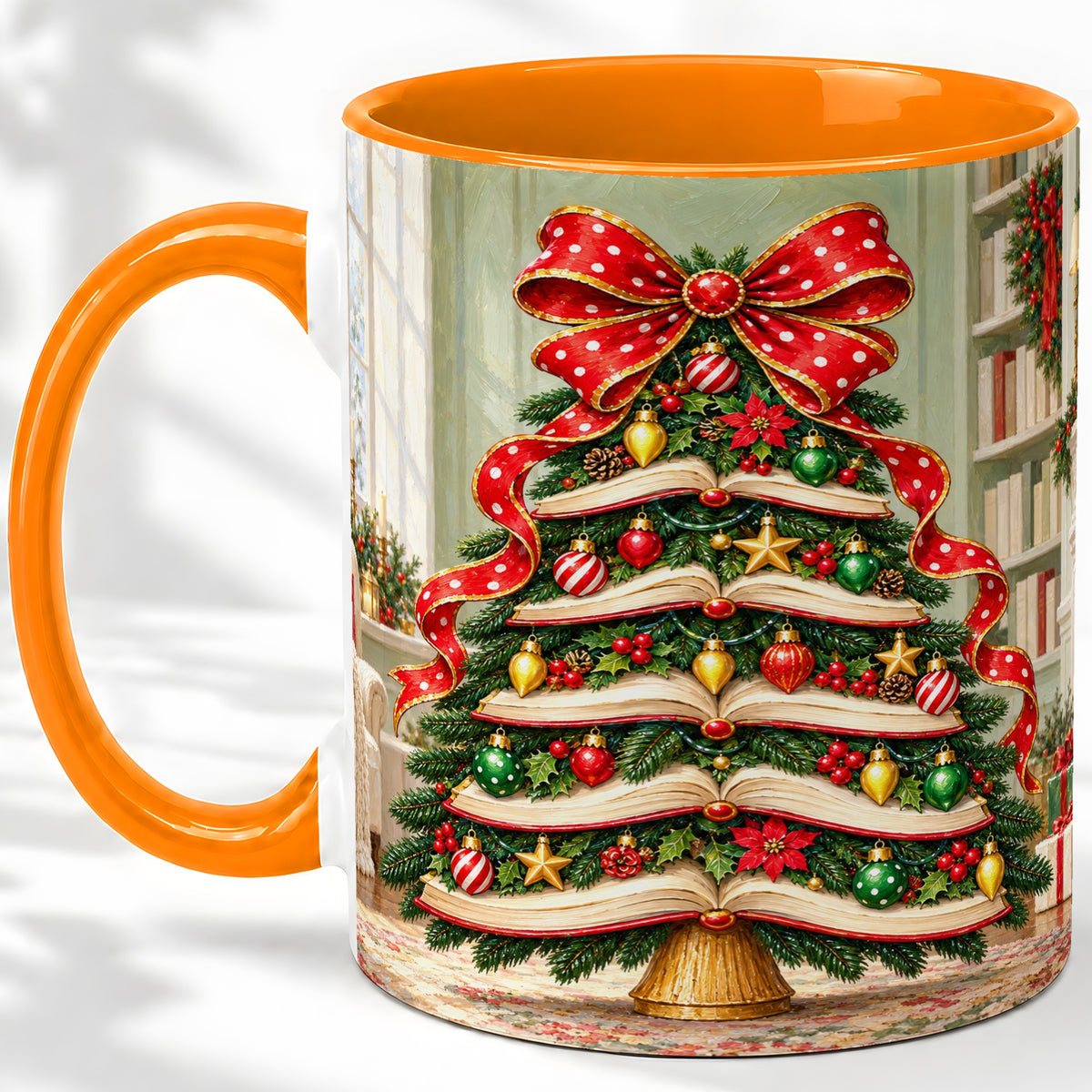 #pl[11oz|Orange] Christmas Book Tree Accent Mug, Ceramic Cup for Book Lovers