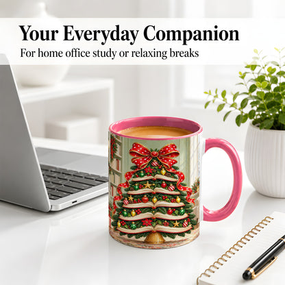 #pl[11oz|Pink] Christmas Book Tree Accent Mug, Ceramic Cup for Book Lovers