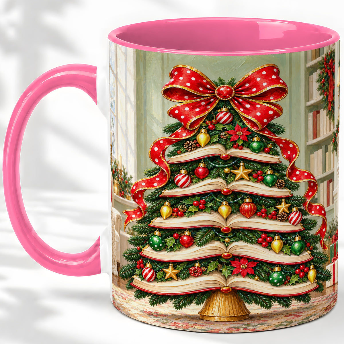 #pl[11oz|Pink] Christmas Book Tree Accent Mug, Ceramic Cup for Book Lovers