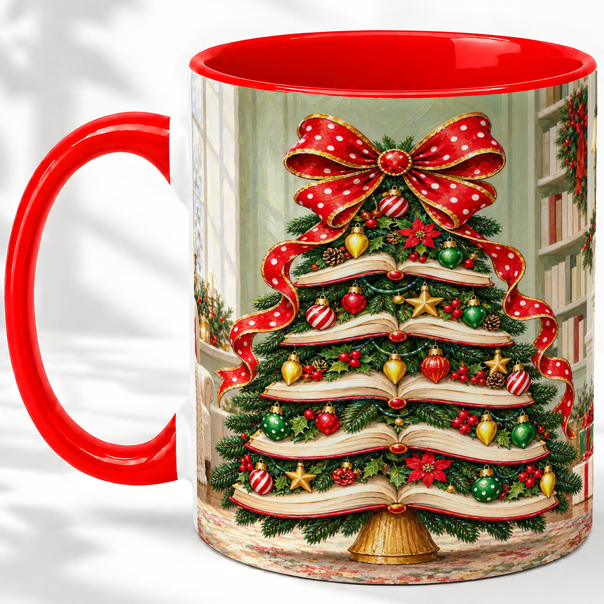 Christmas Book Tree Accent Mug, Ceramic Cup for Book Lovers