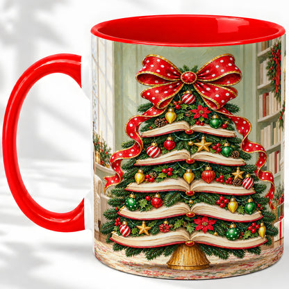 Christmas Book Tree Accent Mug, Ceramic Cup for Book Lovers
