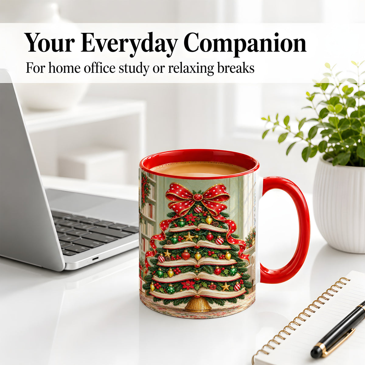 #pl[11oz|Red] Christmas Book Tree Accent Mug, Ceramic Cup for Book Lovers