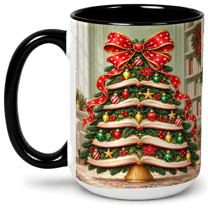 #pl[15oz|Black] Christmas Book Tree Accent Mug, Ceramic Cup for Book Lovers