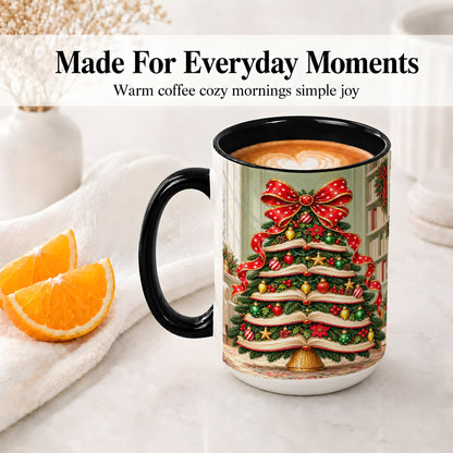 #pl[15oz|Black] Christmas Book Tree Accent Mug, Ceramic Cup for Book Lovers