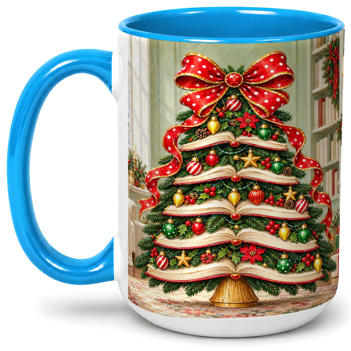 #pl[15oz|Blue] Christmas Book Tree Accent Mug, Ceramic Cup for Book Lovers
