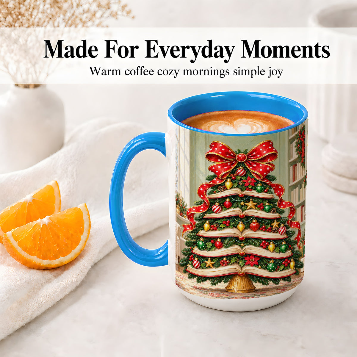 #pl[15oz|Blue] Christmas Book Tree Accent Mug, Ceramic Cup for Book Lovers