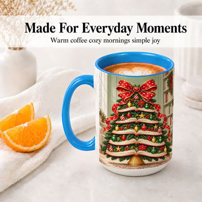 #pl[15oz|Blue] Christmas Book Tree Accent Mug, Ceramic Cup for Book Lovers