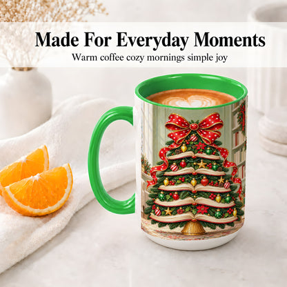 #pl[15oz|Green] Christmas Book Tree Accent Mug, Ceramic Cup for Book Lovers