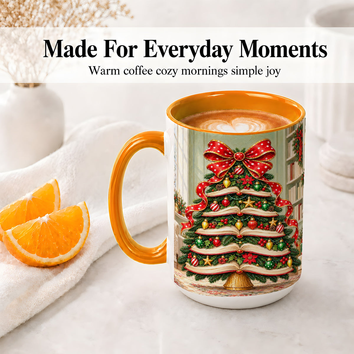 #pl[15oz|Orange] Christmas Book Tree Accent Mug, Ceramic Cup for Book Lovers