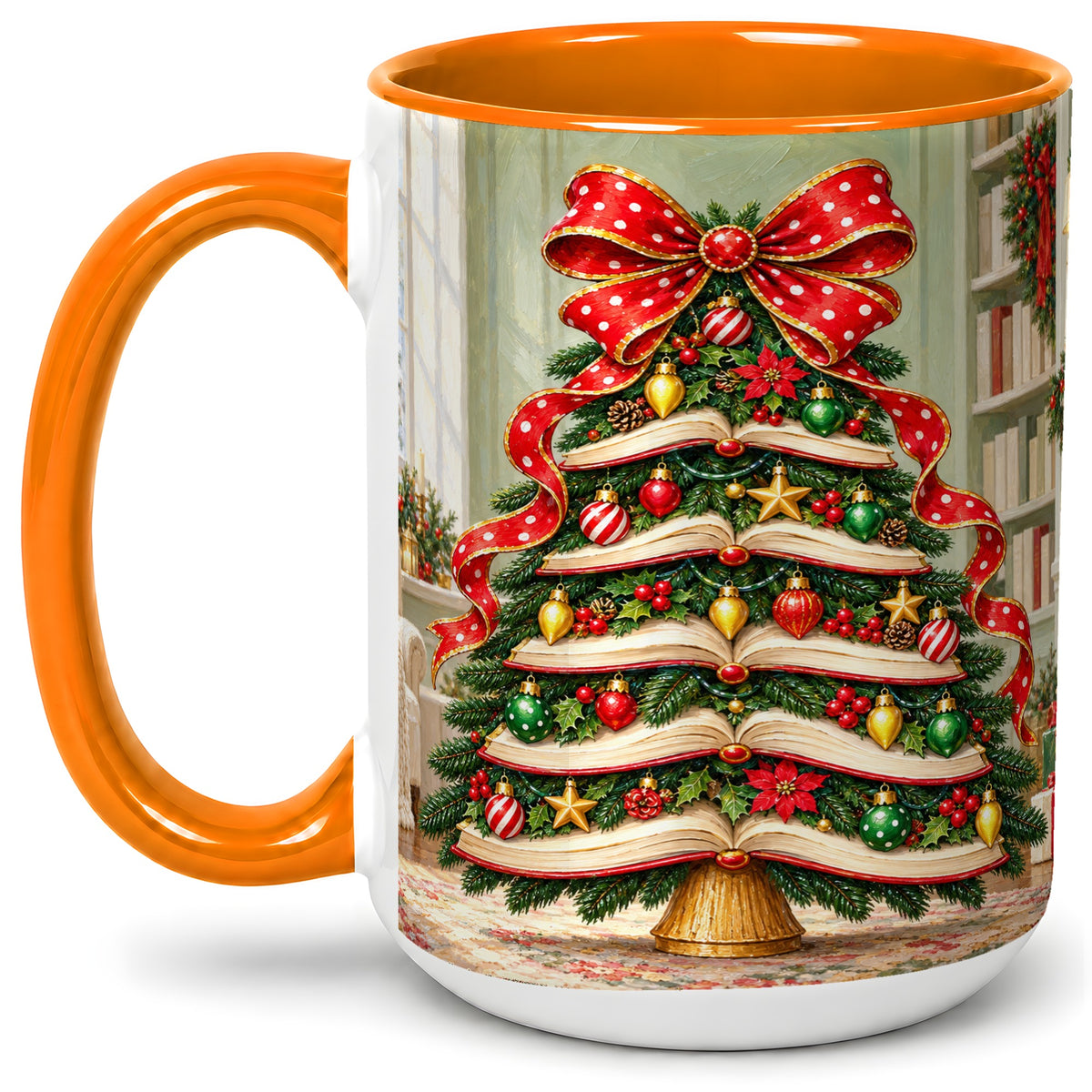 #pl[15oz|Orange] Christmas Book Tree Accent Mug, Ceramic Cup for Book Lovers
