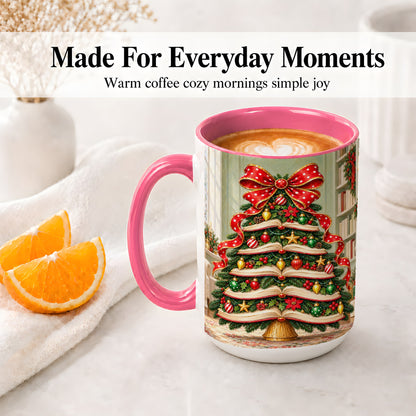 #pl[15oz|Pink] Christmas Book Tree Accent Mug, Ceramic Cup for Book Lovers
