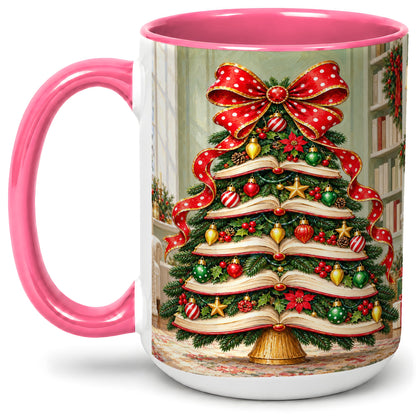 #pl[15oz|Pink] Christmas Book Tree Accent Mug, Ceramic Cup for Book Lovers