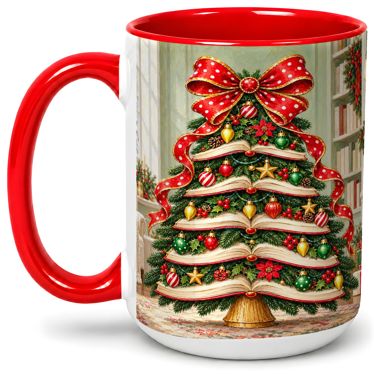 #pl[15oz|Red] Christmas Book Tree Accent Mug, Ceramic Cup for Book Lovers