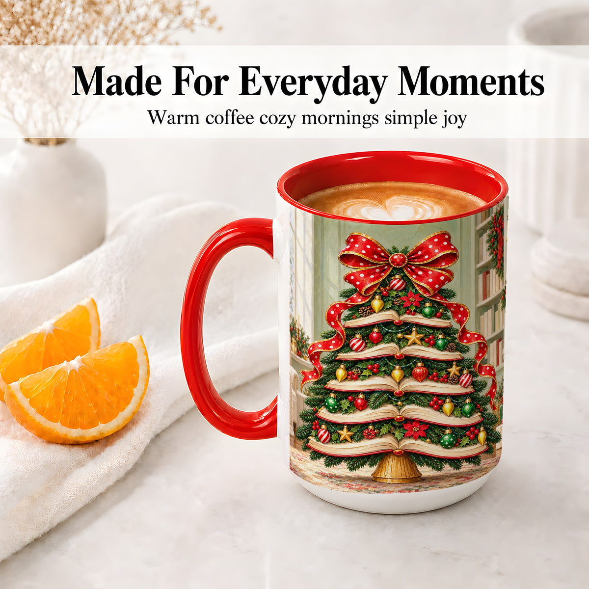 #pl[15oz|Red] Christmas Book Tree Accent Mug, Ceramic Cup for Book Lovers