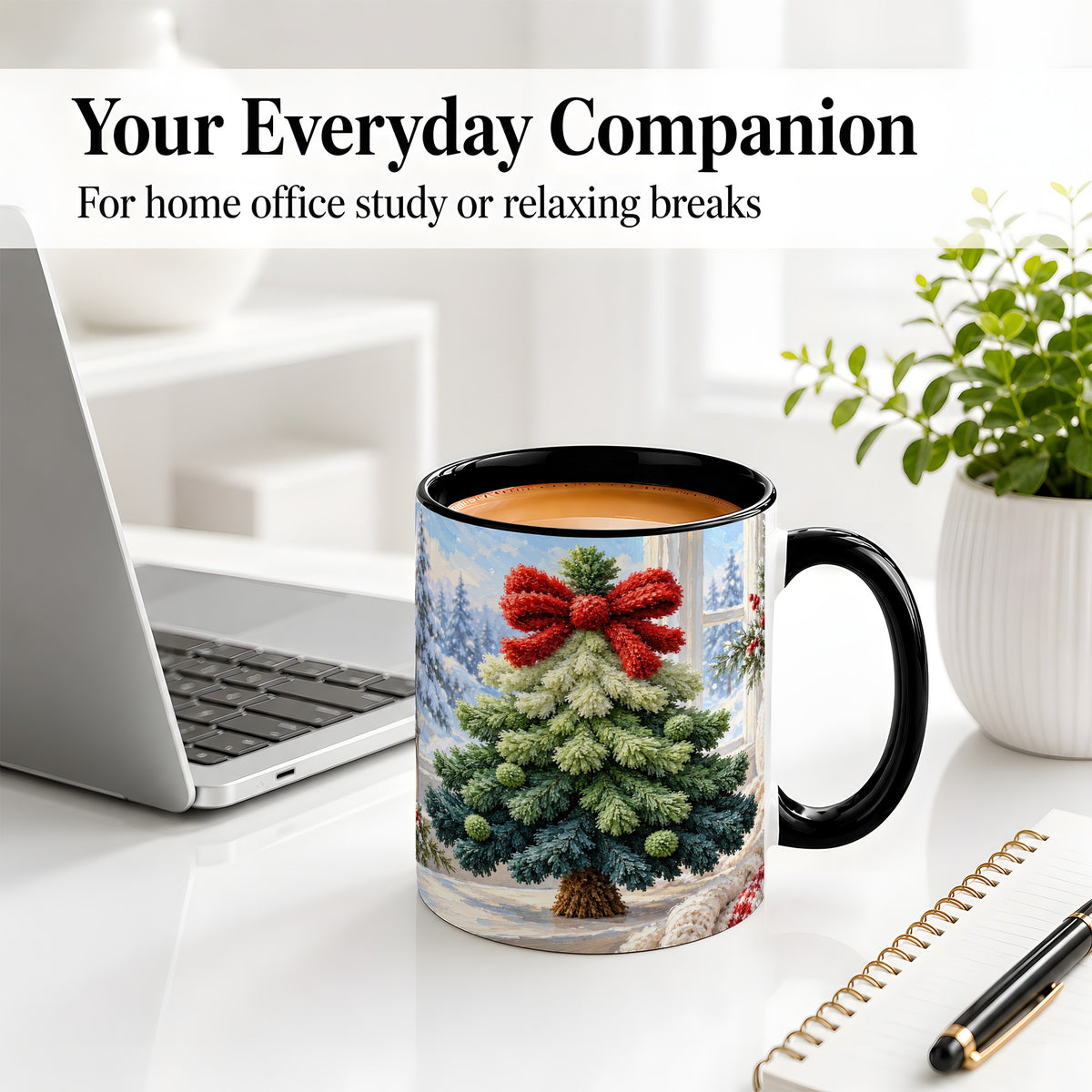 #pl[11oz|Black] Christmas Tree Accent Mug, Ceramic Cup with Red Bow Winter Art