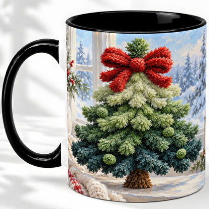 #pl[11oz|Black] Christmas Tree Accent Mug, Ceramic Cup with Red Bow Winter Art