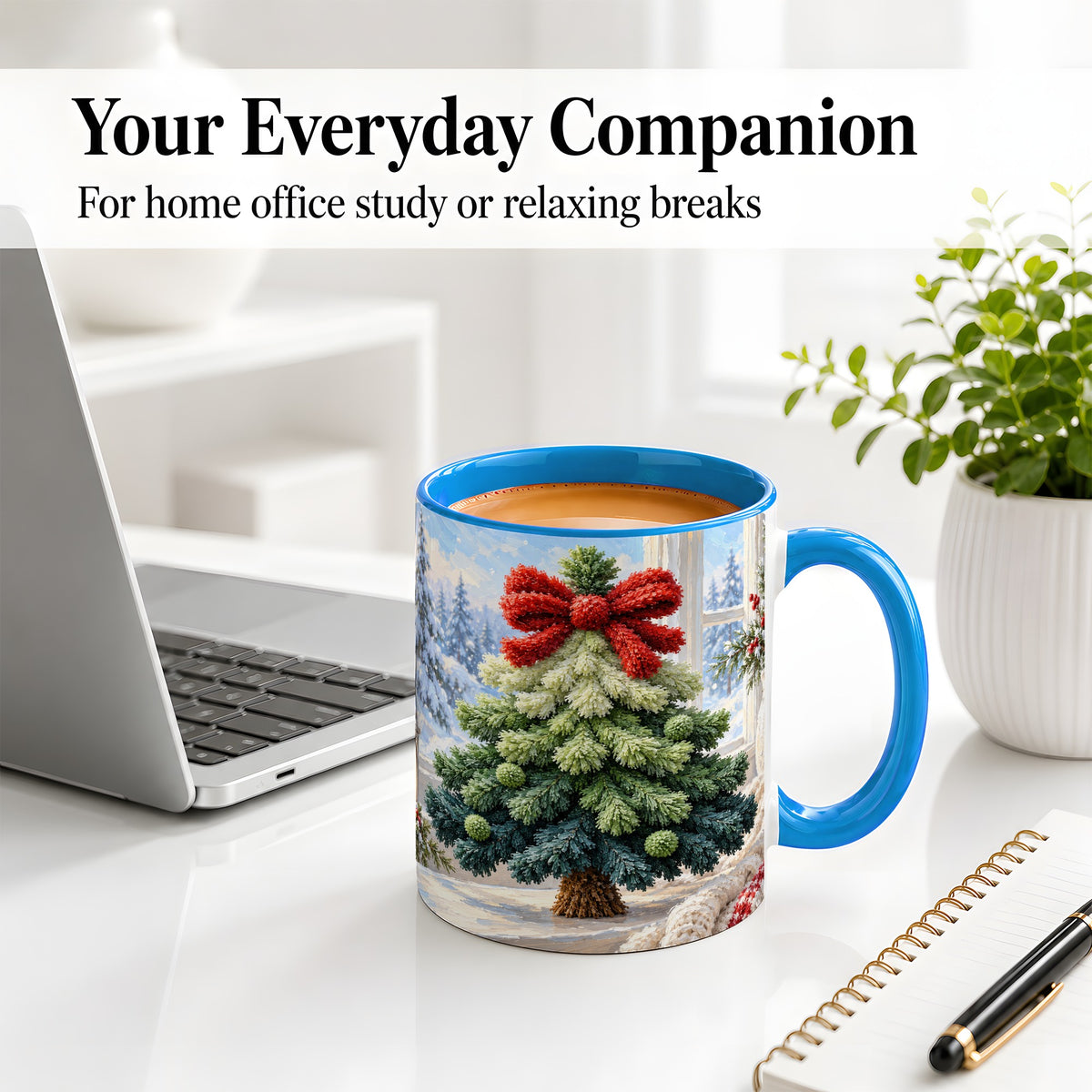 #pl[11oz|Blue] Christmas Tree Accent Mug, Ceramic Cup with Red Bow Winter Art