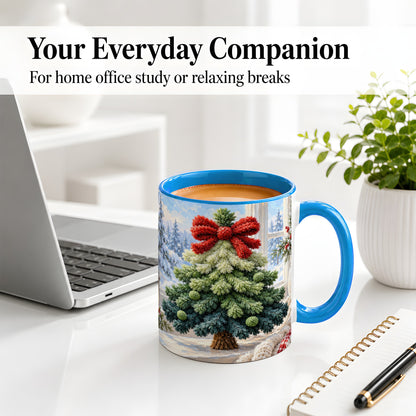 #pl[11oz|Blue] Christmas Tree Accent Mug, Ceramic Cup with Red Bow Winter Art