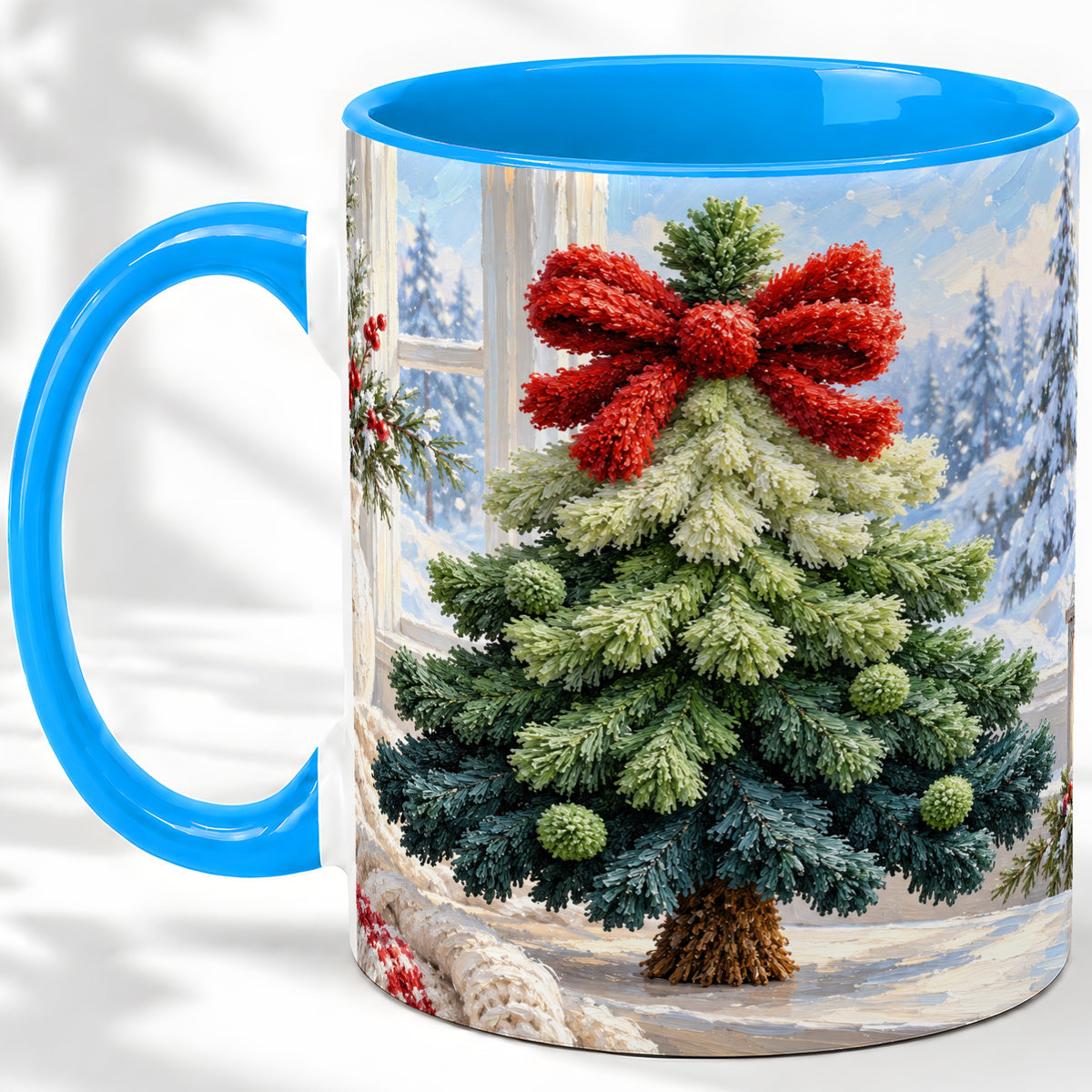 #pl[11oz|Blue] Christmas Tree Accent Mug, Ceramic Cup with Red Bow Winter Art