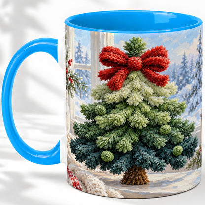 #pl[11oz|Blue] Christmas Tree Accent Mug, Ceramic Cup with Red Bow Winter Art