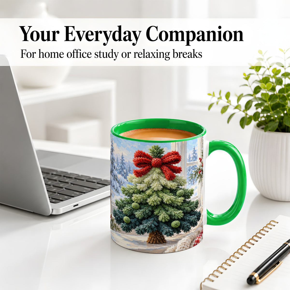#pl[11oz|Green] Christmas Tree Accent Mug, Ceramic Cup with Red Bow Winter Art