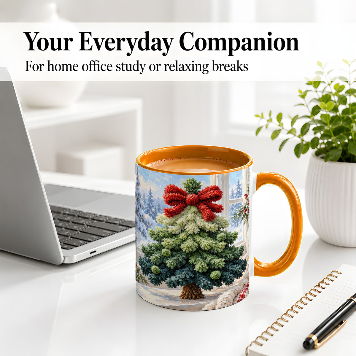 #pl[11oz|Orange] Christmas Tree Accent Mug, Ceramic Cup with Red Bow Winter Art