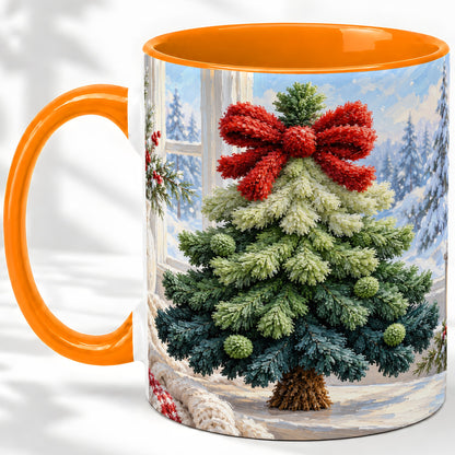 #pl[11oz|Orange] Christmas Tree Accent Mug, Ceramic Cup with Red Bow Winter Art