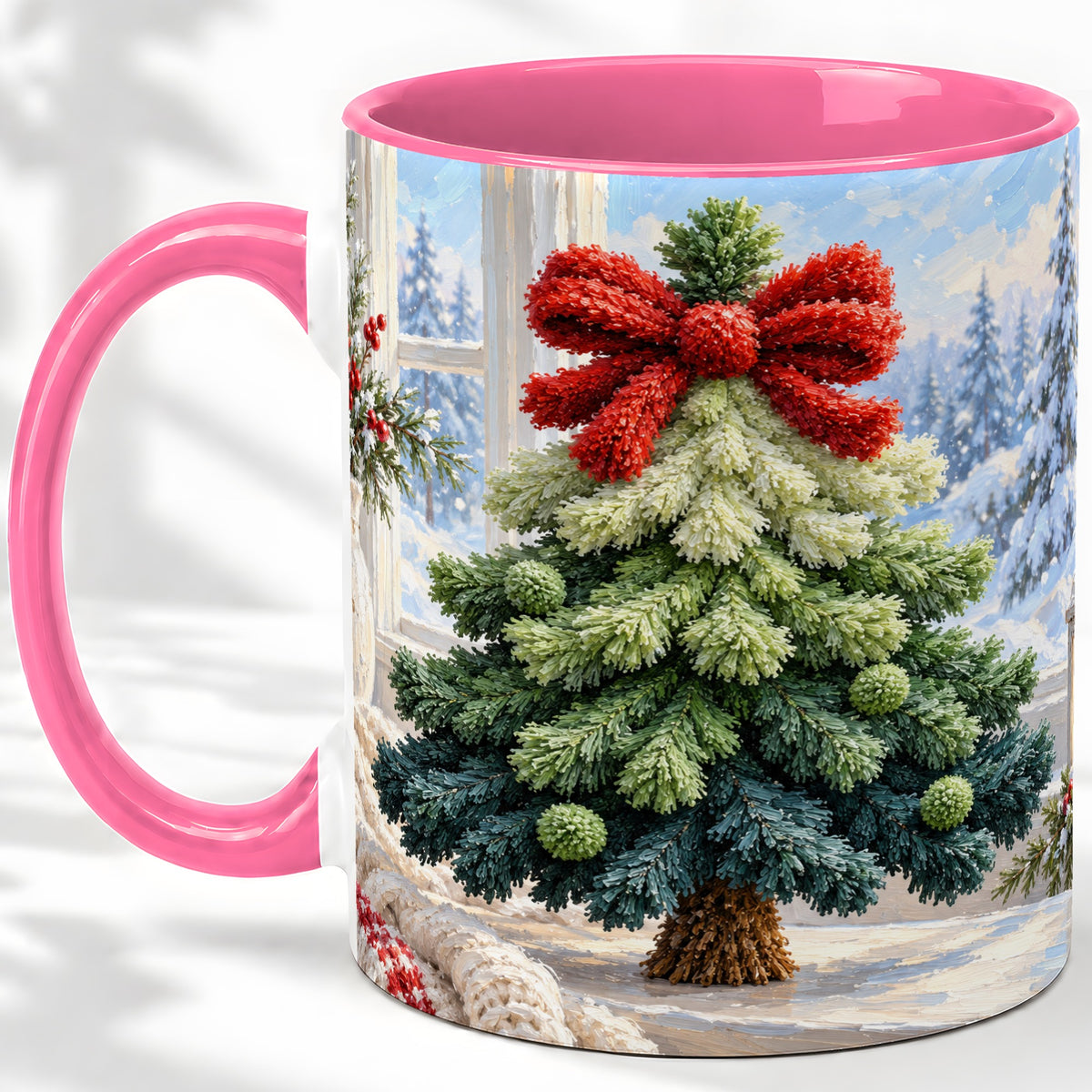 #pl[11oz|Pink] Christmas Tree Accent Mug, Ceramic Cup with Red Bow Winter Art