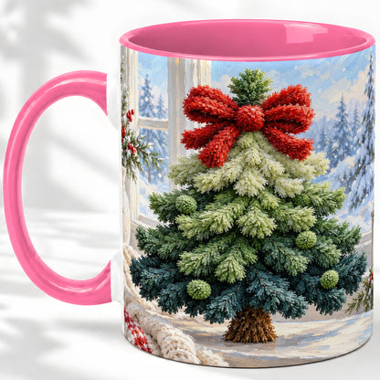 #pl[11oz|Pink] Christmas Tree Accent Mug, Ceramic Cup with Red Bow Winter Art