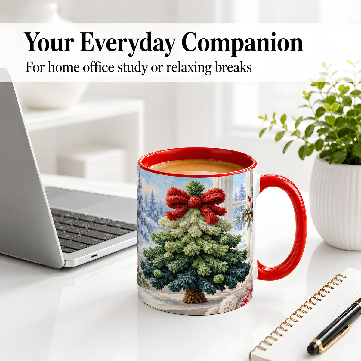 #pl[11oz|Red] Christmas Tree Accent Mug, Ceramic Cup with Red Bow Winter Art