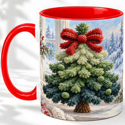 Christmas Tree Accent Mug, Ceramic Cup with Red Bow Winter Art