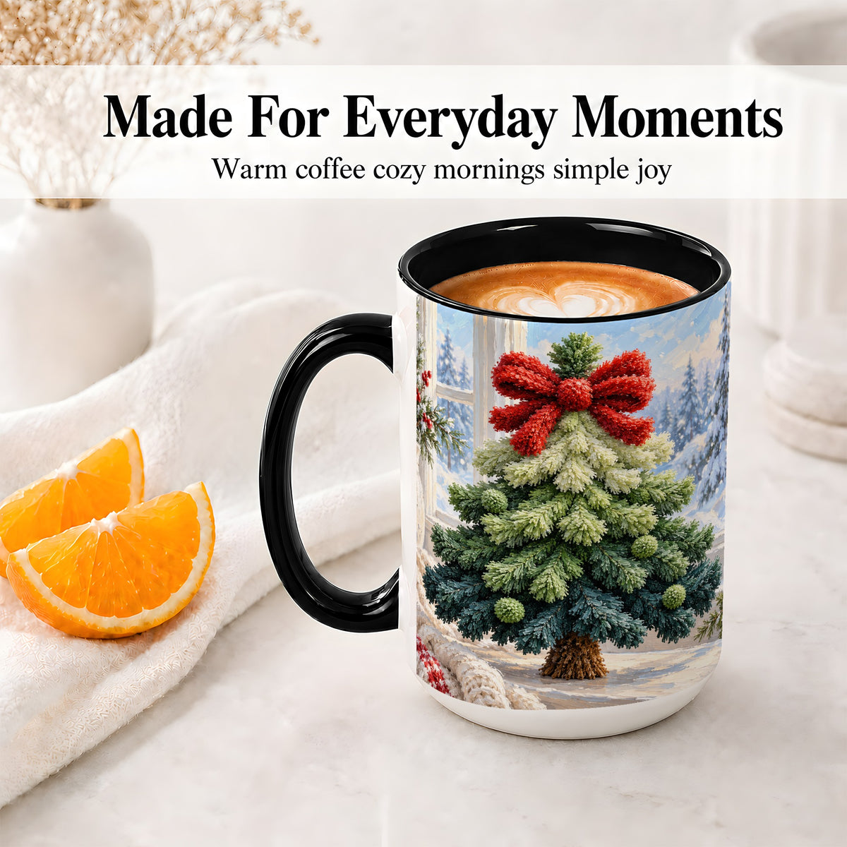 #pl[15oz|Black] Christmas Tree Accent Mug, Ceramic Cup with Red Bow Winter Art