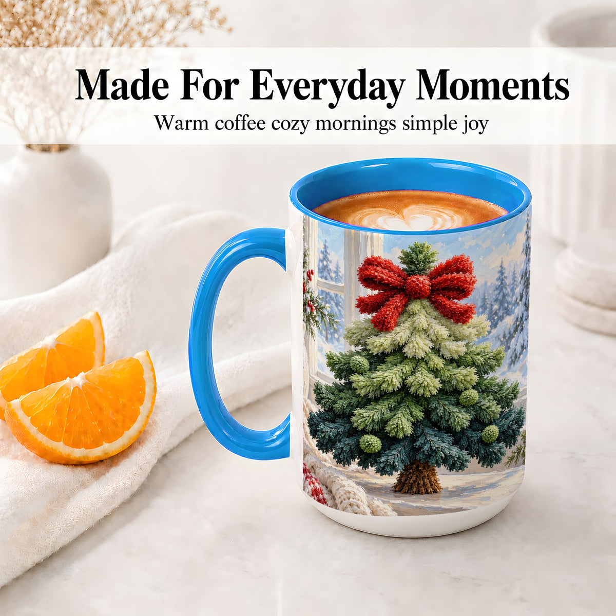 #pl[15oz|Blue] Christmas Tree Accent Mug, Ceramic Cup with Red Bow Winter Art
