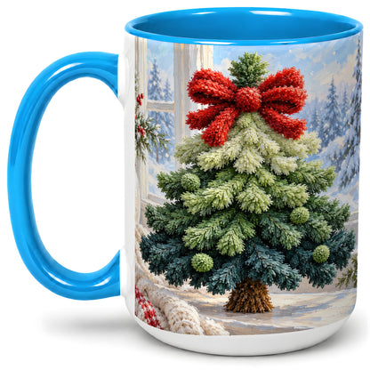 #pl[15oz|Blue] Christmas Tree Accent Mug, Ceramic Cup with Red Bow Winter Art