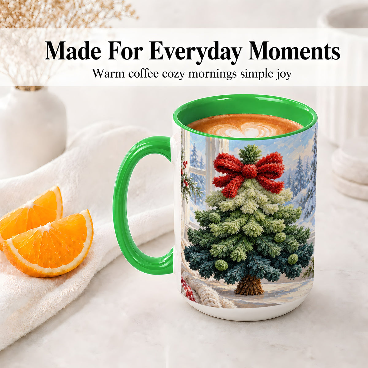 #pl[15oz|Green] Christmas Tree Accent Mug, Ceramic Cup with Red Bow Winter Art
