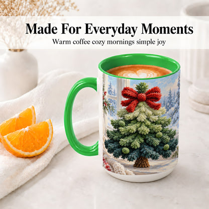 #pl[15oz|Green] Christmas Tree Accent Mug, Ceramic Cup with Red Bow Winter Art